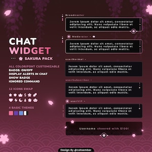 Może przedstawiać: Grafika w kolorze różowym i fioletowym z tekstem "CHAT WIDGET" i "SAKURA PACK". Grafika zawiera spersonalizowaną odznakę czatu z 12 ikonami i 4 podstawowymi motywami. Tekst "Jorem ipsum dolor sit amet, consectetur adipiscing elit. Nunc vulputate libero et velit interdum, ac aliquet odio mattis." jest powtarzany kilkakrotnie z różnymi rolami użytkownika: Prezenter, Moderator, Zwykły użytkownik, Subskrybent i VIP.