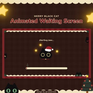 以下が含まれることがあります： サンタ帽をかぶった黒猫、星、クリスマスツリーが描かれたアニメーション待機画面。「Merry Black Cat Animated Waiting Screen」と「starting soon...」のテキストが、お祝いのデザインで表示されています。
