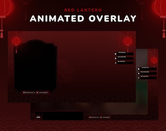 Pode incluir: Um design de sobreposição animada em vermelho e preto com o texto "RED LANTERN ANIMATED OVERLAY". O design inclui lanternas vermelhas, uma caixa de bate-papo e widgets de doação. O design é de @catsember.