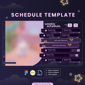 Könnte beinhalten: Eine violette und schwarze Wochenplanvorlage mit einem sternenklaren Nachthimmel als Hintergrund. Die Vorlage enthält einen Bereich für jeden Wochentag mit Platz für Stream-Titel, Untertitel und Uhrzeiten. Die Vorlage enthält auch einen Bereich für Offline-Nachrichten. Der Text "Wochenplan" wird oben in der Vorlage in großer Schrift angezeigt.