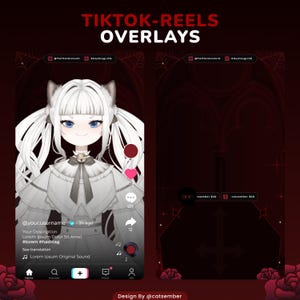 May include: Digital TikTok-Reels overlays featuring a dark red gothic theme with spiderweb and rose motifs. The design includes a character avatar with white hair and cat ears, social media interface elements, and text placeholders for usernames.