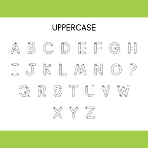 May include: A black and white image of the uppercase alphabet with dotted lines for tracing. The letters are in a simple, blocky font.