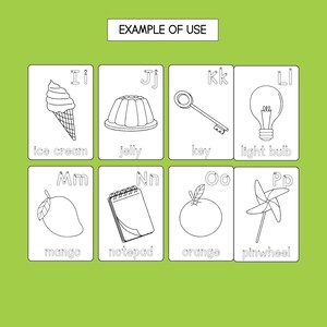 May include: Black and white illustration of alphabet letters I through P with corresponding images for each letter. The images include ice cream, jelly, key, light bulb, mango, notepad, orange, and pinwheel.