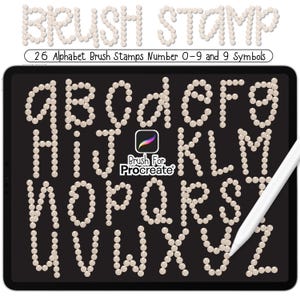 May include: A digital art design featuring a black tablet displaying the alphabet, numbers, and symbols created with a brush stamp effect. The text "BRUSH STAMP" and "26 Alphabet Brush Stamps Number 0-9 and 9 Symbols" are also visible.
