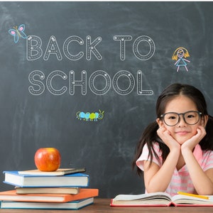 May include: A young girl sits at a desk with a stack of books and a red apple in front of her. A chalkboard behind her has the words "Back to School" written on it in white chalk.