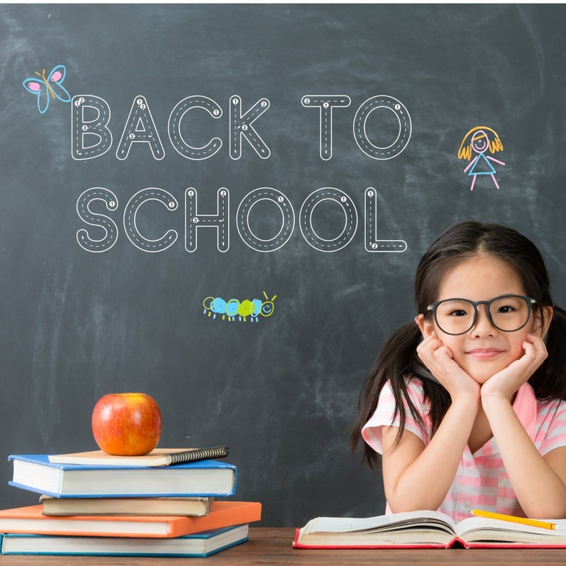 May include: A young girl sits at a desk with a stack of books and a red apple in front of her. A chalkboard behind her has the words "Back to School" written on it in white chalk.