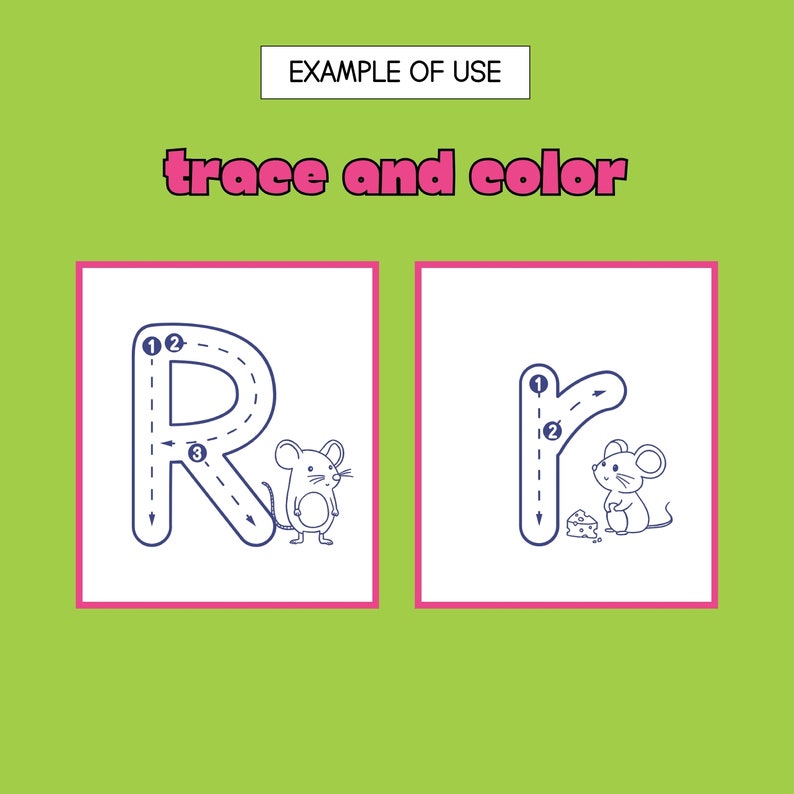 May include: Trace and color worksheet featuring the letter R with a mouse illustration. The worksheet includes numbered steps to guide tracing the letter.