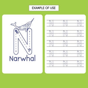 May include: A printable worksheet for learning the letter N. The letter N is outlined with dotted lines and numbered to show the order of strokes. A narwhal is drawn on top of the letter. The word "Narwhal" is written below the letter. The worksheet includes five lines for practicing writing the letter N.