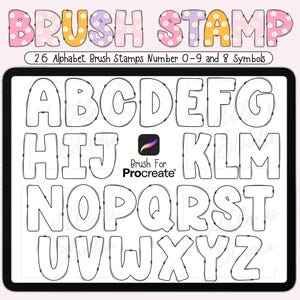 Könnte beinhalten: Ein digitales Kunstdesign mit einem Tablet, das 26 Alphabet-Pinselstempel, die Zahlen 0-9 und 8 Symbole anzeigt. Der Titel "BRUSH STAMP" befindet sich oben, mit einem floralen Muster. Das Procreate-Logo ist sichtbar.