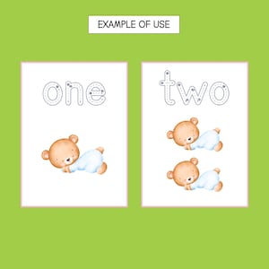 May include: A printable worksheet for kids to practice tracing the words "one" and "two". The worksheet features a cute cartoon bear illustration.