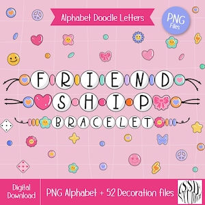May include: A digital download graphic featuring the word "FRIENDSHIP BRACELET" spelled out with letter beads. The design includes various decorative elements like hearts, flowers, and smiley faces, all set against a pink grid background. The text "Alphabet Doodle Letters" is also present.