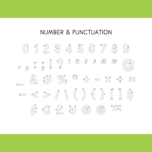 May include: Black and white outline illustrations of numbers, punctuation marks, and symbols. The numbers include 0 through 9. The punctuation marks include a period, comma, colon, semicolon, exclamation point, question mark, quotation marks, and an at symbol. The symbols include an ampersand, number sign, percent sign, asterisk, plus sign, minus sign, multiplication sign, division sign, equals sign, tilde, less than sign, greater than sign, forward slash, backslash, parentheses, curly braces, square brackets, dollar sign, cent sign, euro sign, pound sign, yen sign, copyright symbol, registered trademark symbol, and trademark symbol.