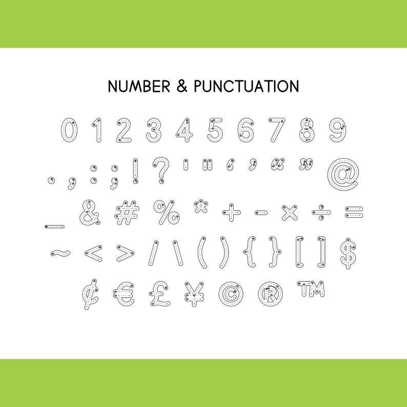 May include: Black and white outline illustrations of numbers, punctuation marks, and symbols. The numbers include 0 through 9. The punctuation marks include a period, comma, colon, semicolon, exclamation point, question mark, quotation marks, and an at symbol. The symbols include an ampersand, number sign, percent sign, asterisk, plus sign, minus sign, multiplication sign, division sign, equals sign, tilde, less than sign, greater than sign, forward slash, backslash, parentheses, curly braces, square brackets, dollar sign, cent sign, euro sign, pound sign, yen sign, copyright symbol, registered trademark symbol, and trademark symbol.