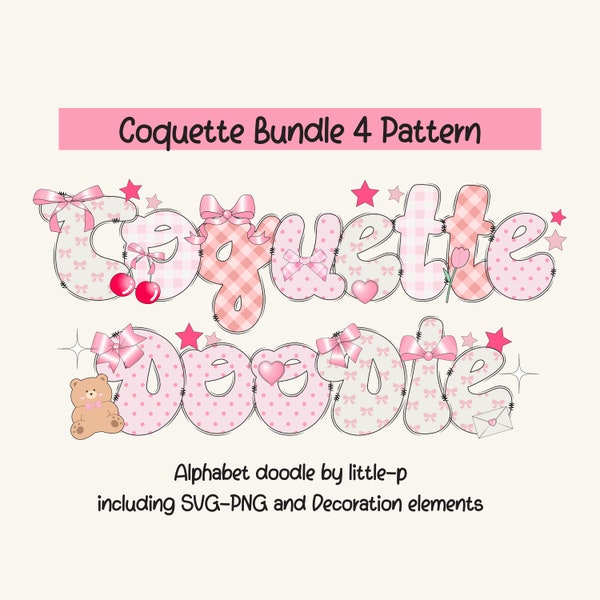 Coquette Alphabet, PNG Alphabet, SVG Alphabet, Alphabet Bundle, Clip Art, Doodle Alphabet, Sublimation, Doodle Alphabet, Pink Bow Doodle