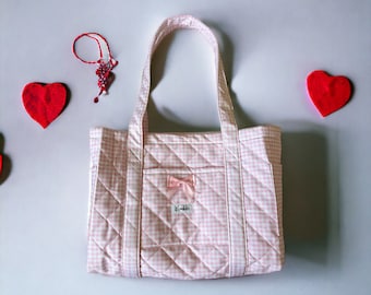 Pretty Pink Mommy Bag Handmade Quilted Tote Handbag Large Capacity Multi Cotton Bag for Woman - Pink Bow