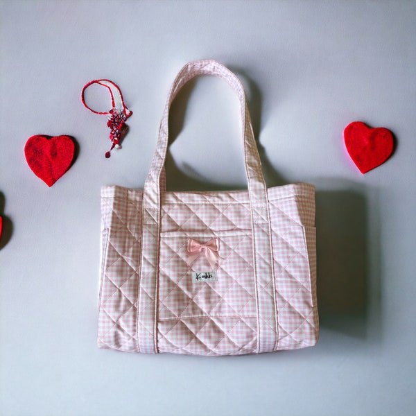 Pretty Pink Mommy Bag Handmade Quilted Tote Handbag Large Capacity Multi Cotton Bag for Woman - Pink Bow