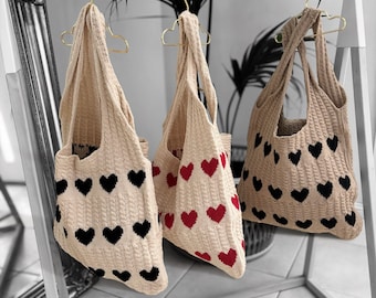 Heart Crochet Ladies Knitting Hand Bag Aesthetic Knitted Shopper Wallet Shoulder Knit Purses Tote Bags Women