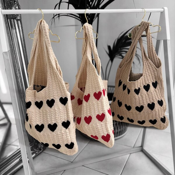 Heart Crochet Ladies Knitting Hand Bag Aesthetic Knitted Shopper Wallet Shoulder Knit Purses Tote Bags Women