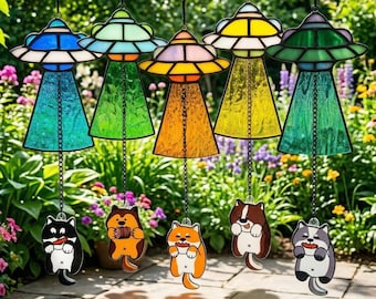 Cute UFO Dog Stained Glass Suncatcher, Funny Dog Window Hanging Decor, Dog Lover Gift, Colorful Garden Ornament, Handmade Glass Art