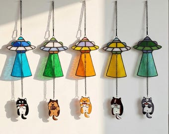 Stained Glass UFO Dog Suncatcher, Funny Dog Window Hanging, Cute Dog Lover Gift, Colorful Glass Garden Decor, Handmade Dog Ornament