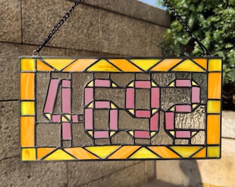Custom Stained Glass House Number Sign | Personalized Address Panel with Hanging Chain | Rainbow Glass Door Plaque | Outdoor Home Decor