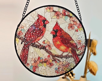 Male and Female Cardinal Lovebirds Stained Glass Suncatcher, Stained Red Cardinal Suncatcher ,Indoor Decor SunCatcher, Birds, Window Hanging
