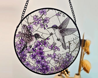 Hummingbirds Fluttered Among Purple Almond Flowers Stained Glass Suncatcher,Hummingbird Lovers Wall Hanging ,Indoor Decor SunCatcher,Birds