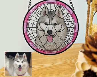 Custom Pet Portrait, Dog Suncatcher, Stained Glass Custom Dog Portrait, Custom Pet Ornament, Personalized Pet Remembrance Gift Husky pink
