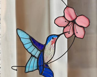 100% Handmade Hummingbird Stained Glass Suncatcher,Handmade Bird Window Hanging with Pink Flower,Unique Gift for Mom, Birthday or Home Decor