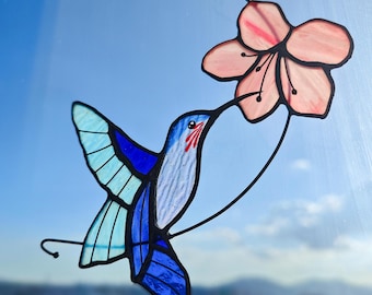 100% Handmade Hummingbird Stained Glass Window Suncatcher, Handmade Bird Hanging Art, Christmas Gift for Mom, Unique Holiday Home Decor