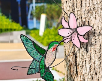 Hummingbird Stained Glass Window Hanging with Pink Flower, Handmade Bird Suncatcher Gift for Mom, Fairy Garden Decor, Custom Nature Ornament