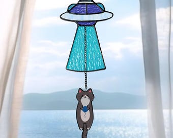 Funny UFO Cat Abduction Stained Glass, Alien Kitty Suncatcher Window Decor, Handmade Gift for Cat Moms, Cute Cat Lover Ornament