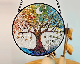 Tree of Life Stained Glass Suncatcher with Crescent Moon, Gifts, Wall Art, Window Hanging, Indoor Decor, SunCatcher Stained Glass.