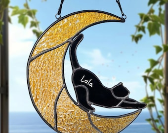 Custom Cat Memorial Suncatcher,Stianed Glass Moon Cat Suncatcher – Personalized Stained Glass Pet Memorial, Cat Lover Gift, Light Catcher