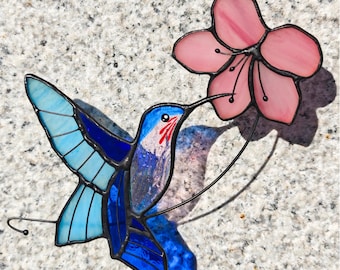 Hummingbird Stained Glass Suncatcher, Handmade Bird Window Hanging with Pink Flower, Unique Gift for Mom, Birthday or Christmas Decor