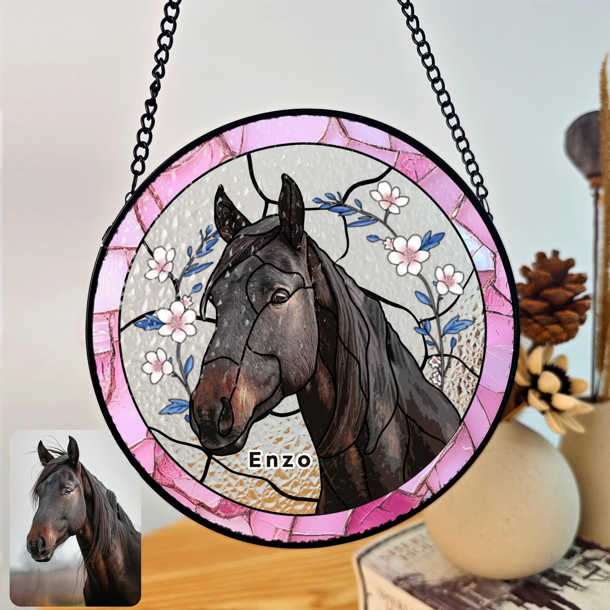 Custom Horse Portrait Stained Glass Suncatcher, Pet Sun Catcher Memorial Stained Glass Pet Memorial, Personalized Horse Lover Gift