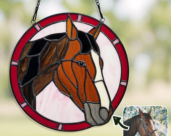 Custom Horse Portrait Stained Glass Suncatcher, Personalized Horse Owner Gift, Equine Window Hanging Decor, Animal Memorial Keepsake