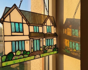 Stained Glass House Suncatcher, Handmade Tiffany Glass Home Decor, Housewarming Gift, New Home Window Hanging Art