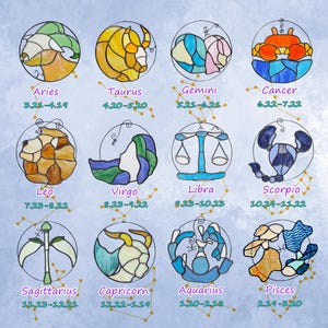 Solfångare i målat glas med stjärntecken, 12 horoskop, astrologiska tecken, födelsedagspresent till stjärntecken, handgjord fönsterdekoration med himmelskt tecken
