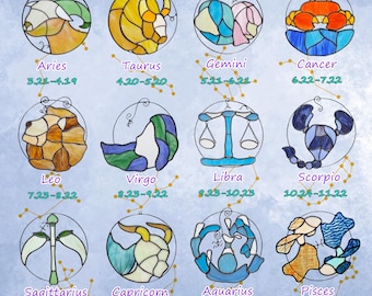 Stained Glass Zodiac Sign Suncatcher, 12 Horoscope Astrology Signs, Birthday Zodiac Gift, Handmade Celestial Window Hanging Decor