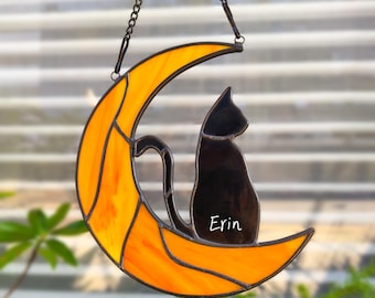 Custom Cat Moon Stained Glass Suncatcher – Personalized Pet Memorial Gift, Handmade Tiffany Style Cat Lover Decor, Window Hanging