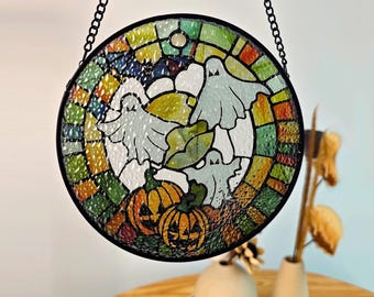 Halloween Ghosts & Pumpkins Stained Glass Suncatcher | Handcrafted Autumn Window Decor | Spooky Seasonal Hanging Ornament | Halloween Gifts