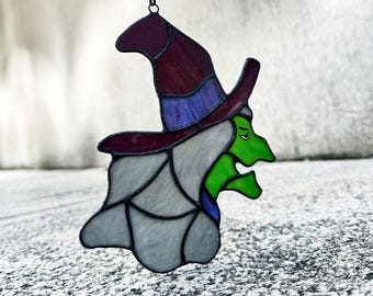 Stained Glass Witch Suncatcher - Halloween Decor, Spooky Window Hanging, Handmade Witch Gift, Green Face Witch Ornament