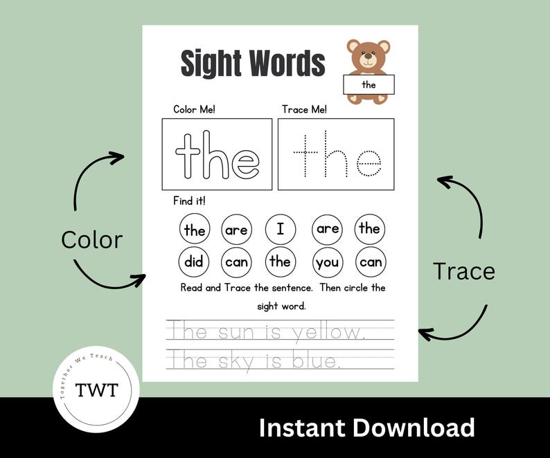 Sight Words Activity Sheet, Copy, Trace, Find, Write, Visual Learning ...