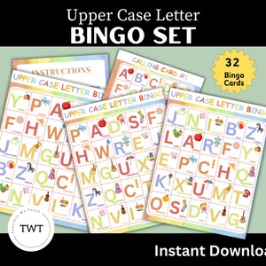 Może przedstawiać: Zestaw 32 drukowanych kart do gry w bingo z dużymi literami alfabetu. Każda karta ma kolorowy wzór z ilustracjami przedmiotów, które zaczynają się od odpowiedniej litery. Karty są idealne do nauki alfabetu i gry w bingo.