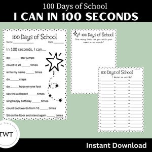 100 Days of School, I Can in 100 seconds Activities, instant download, PDF, engaging, fun, all ages.