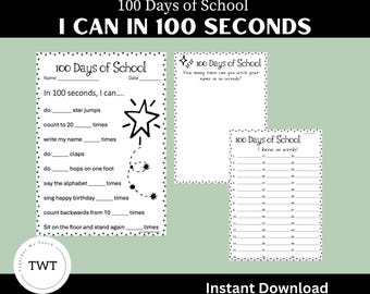 100 Days of School, I Can in 100 seconds Activities, instant download, PDF, engaging, fun, all ages.
