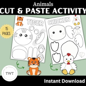May include: A printable cut and paste activity for kids featuring a tiger and a chicken. The black and white images are ready to be colored and assembled. The title of the activity is "Animals Cut & Paste Activity".