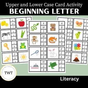 Op de afbeelding: Een printbaar werkblad voor kinderen om te oefenen met het identificeren van de beginletter van woorden. Het werkblad bevat kleurrijke illustraties van objecten zoals een appel, een zebra, een sleutel, een banaan, een slang, een aap, een kat, een konijn, een schildpad, eieren, druiven, een puzzel, een vulkaan en een boot. Het werkblad bevat zowel hoofdletters als kleine letters.