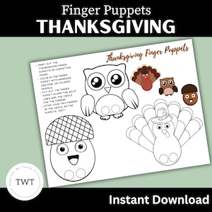 Peut inclure: Des marionnettes de doigts de Thanksgiving à imprimer en noir et blanc. L'ensemble comprend un hibou, une dinde et un gland. Les instructions sont d'imprimer, de colorier, de découper et d'utiliser vos doigts pour donner vie aux marionnettes.